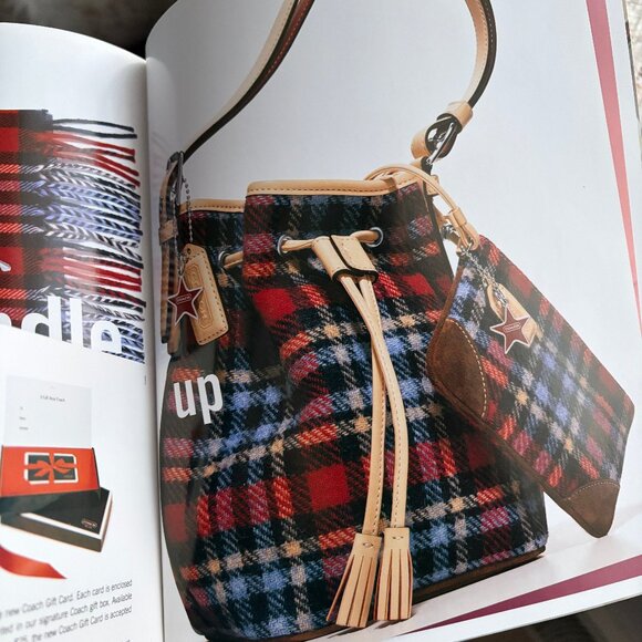 Vintage Coach Holiday Plaid Drawstring Bucket & Wristlet Set - 100% Wool in EUC - Picture 2 of 16